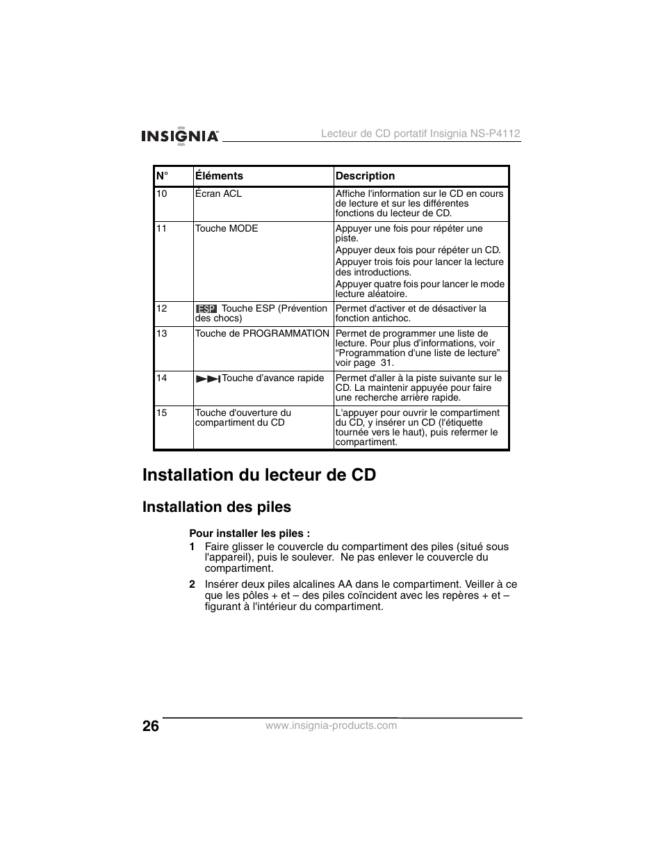 Installation du lecteur de cd, Installation des piles | Insignia NS-P4112 User Manual | Page 26 / 62