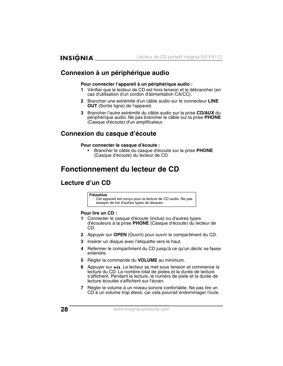 Fonctionnement du lecteur de cd, Connexion à un périphérique audio, Connexion du casque d’écoute | Lecture d’un cd | Insignia NS-P4112 User Manual | Page 28 / 62