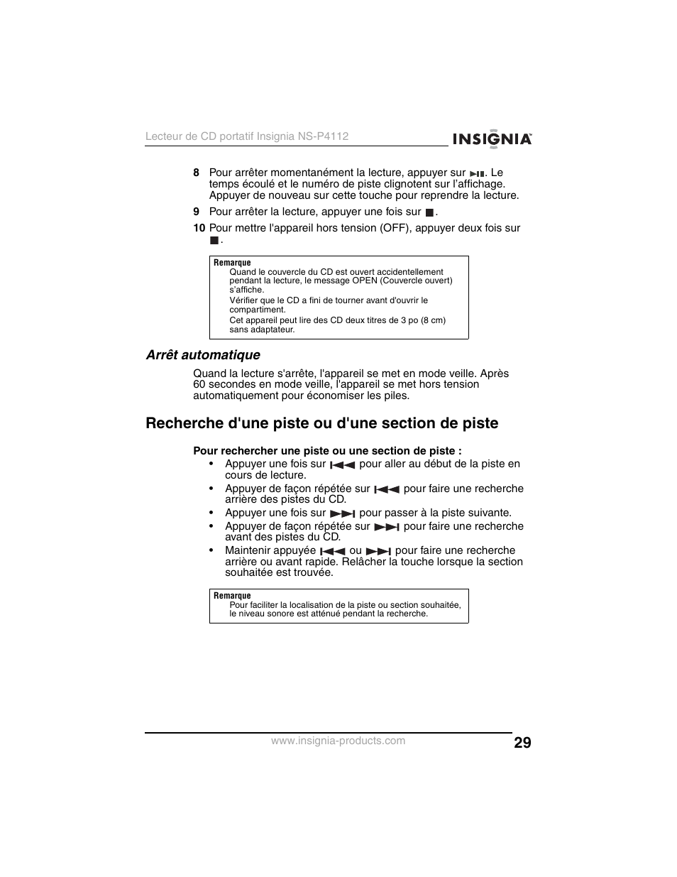 Arrêt automatique | Insignia NS-P4112 User Manual | Page 29 / 62