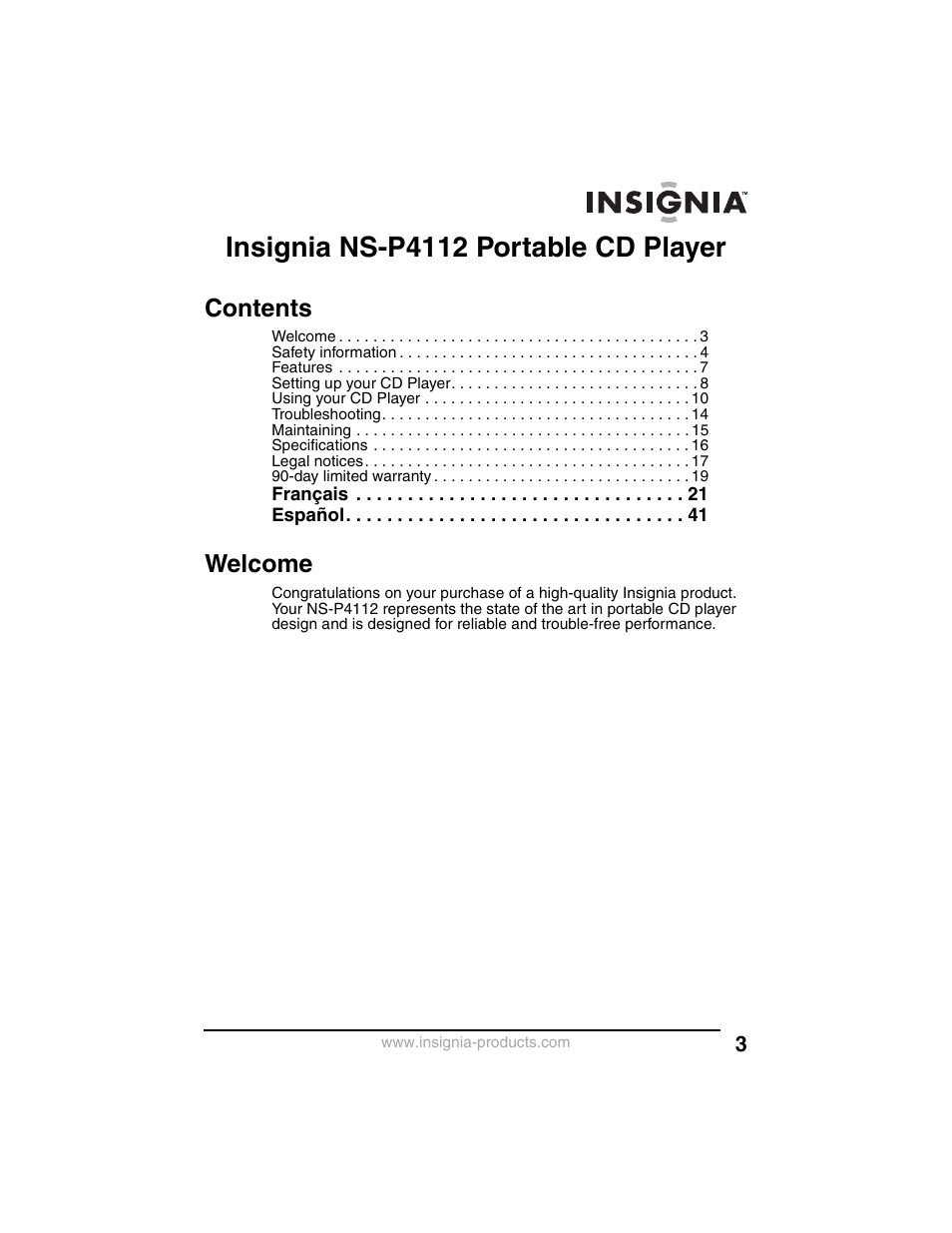 Insignia NS-P4112 User Manual | Page 3 / 62