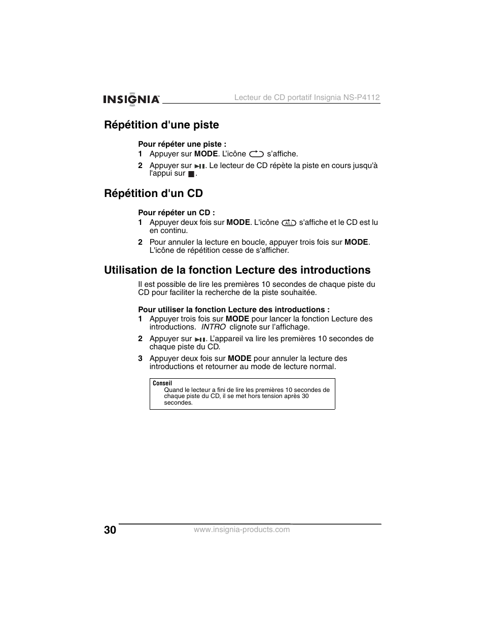 Répétition d'une piste, Répétition d'un cd | Insignia NS-P4112 User Manual | Page 30 / 62