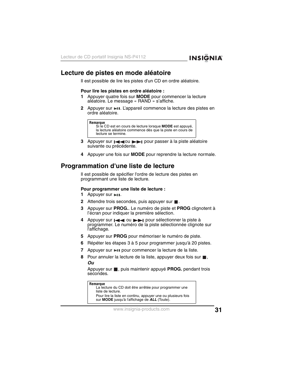 Lecture de pistes en mode aléatoire, Programmation d'une liste de lecture | Insignia NS-P4112 User Manual | Page 31 / 62