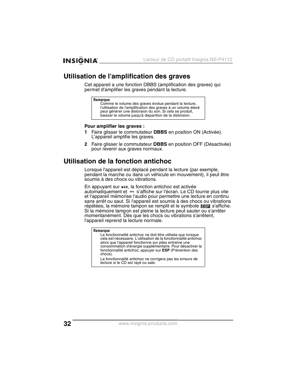 Utilisation de l'amplification des graves, Utilisation de la fonction antichoc | Insignia NS-P4112 User Manual | Page 32 / 62