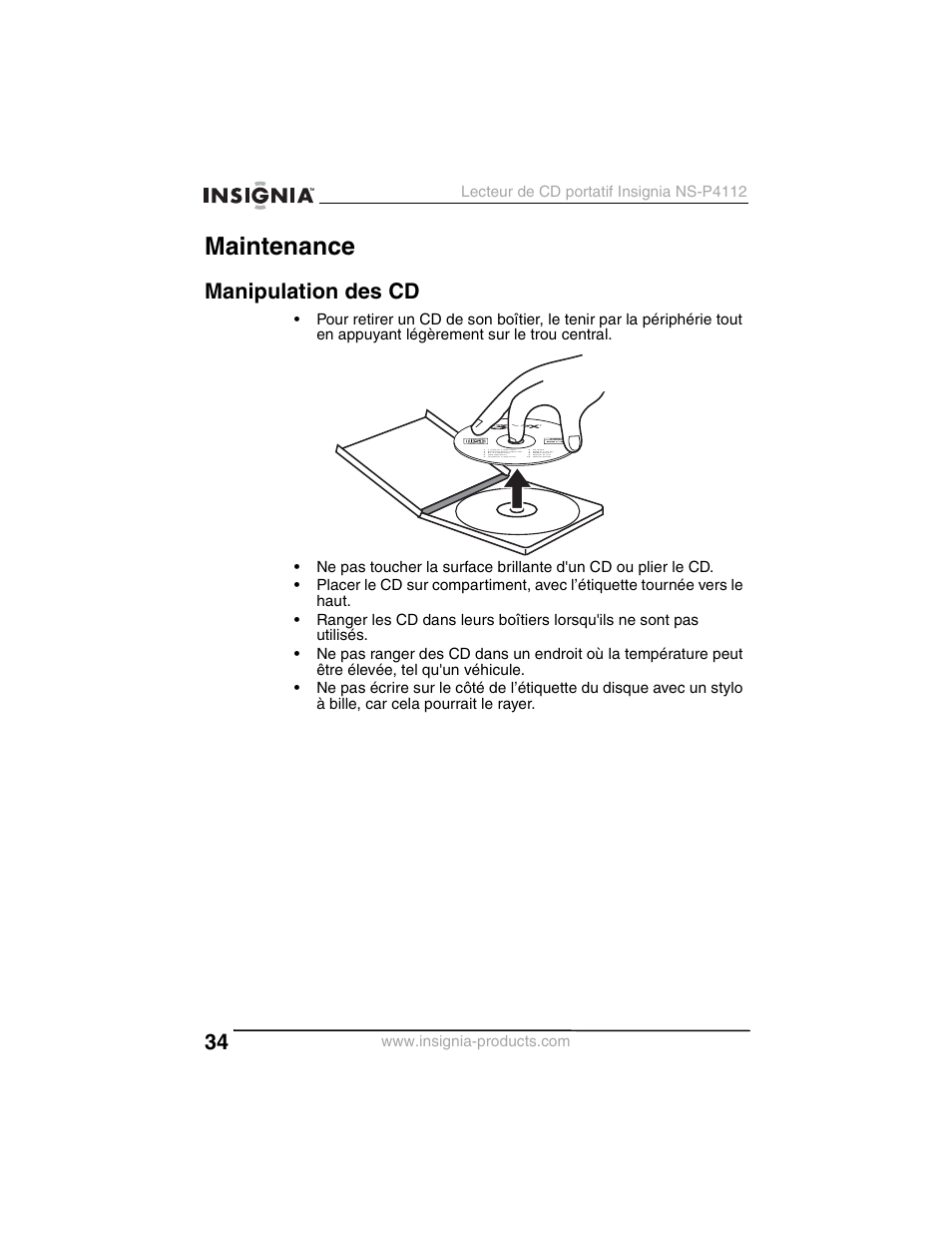 Maintenance, Manipulation des cd | Insignia NS-P4112 User Manual | Page 34 / 62