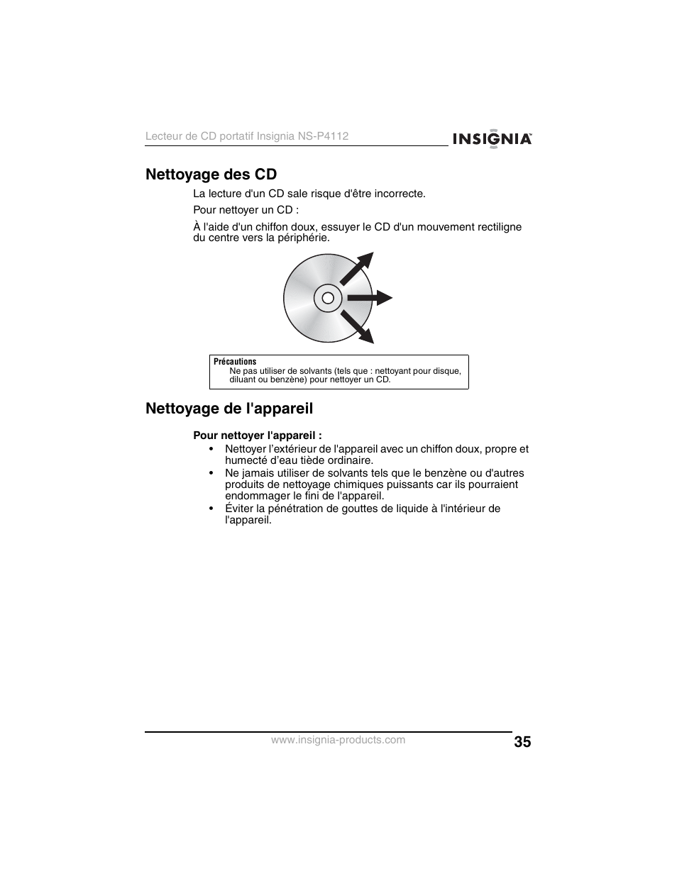 Nettoyage des cd, Nettoyage de l'appareil | Insignia NS-P4112 User Manual | Page 35 / 62