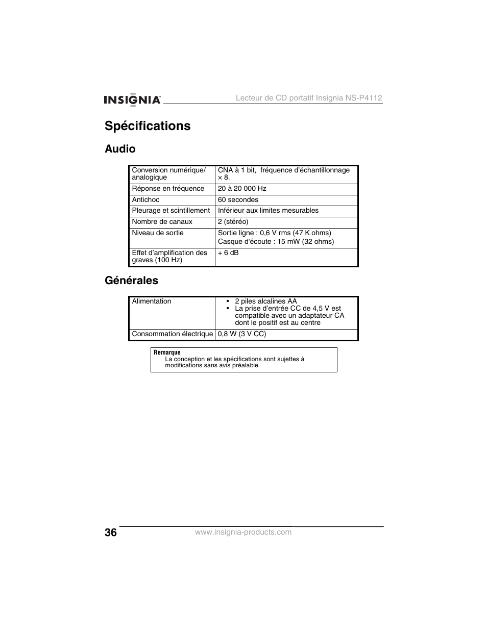 Spécifications, Audio générales | Insignia NS-P4112 User Manual | Page 36 / 62