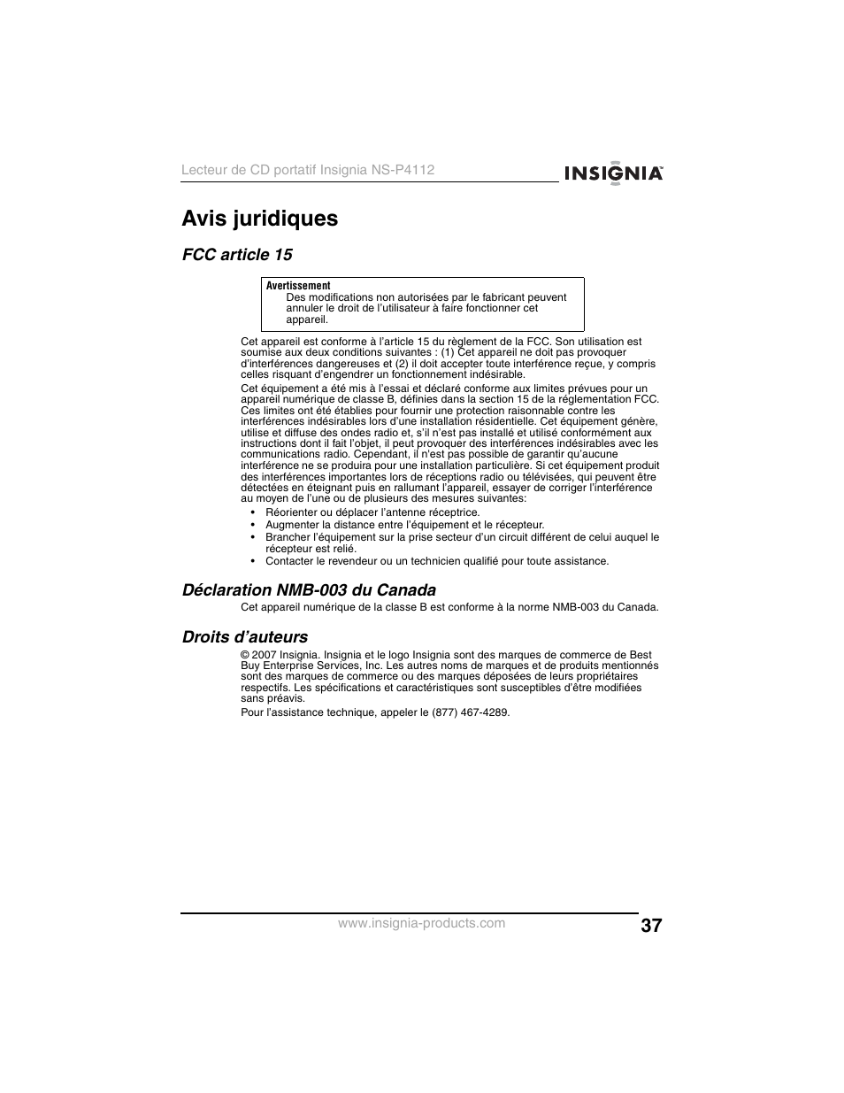 Avis juridiques, Fcc article 15, Déclaration nmb-003 du canada | Droits d’auteurs | Insignia NS-P4112 User Manual | Page 37 / 62