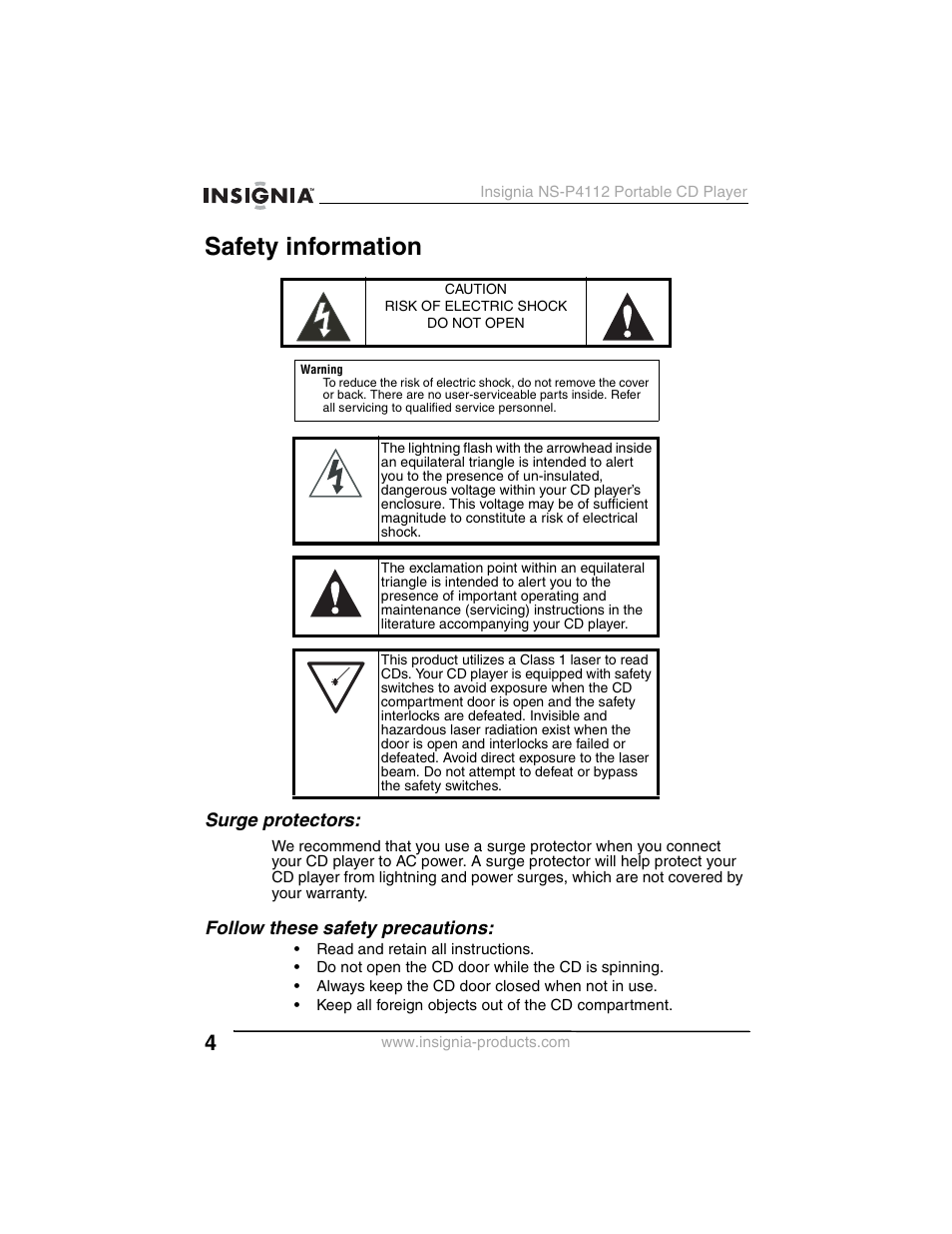 Safety information, Surge protectors, Follow these safety precautions | Insignia NS-P4112 User Manual | Page 4 / 62