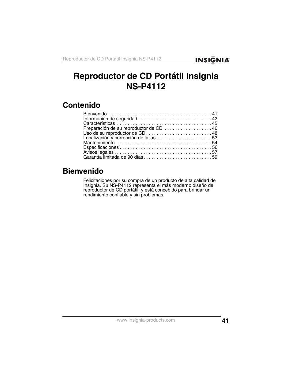 Reproductor de cd portátil insignia ns-p4112 | Insignia NS-P4112 User Manual | Page 41 / 62