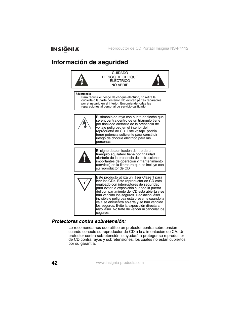 Información de seguridad, Protectores contra sobretensión | Insignia NS-P4112 User Manual | Page 42 / 62