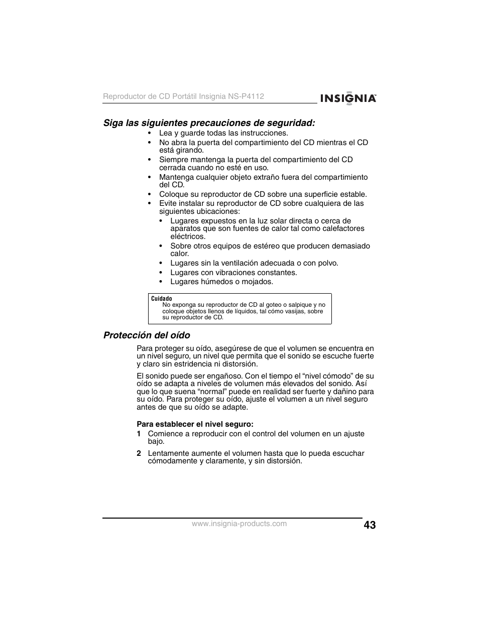 Siga las siguientes precauciones de seguridad, Protección del oído | Insignia NS-P4112 User Manual | Page 43 / 62