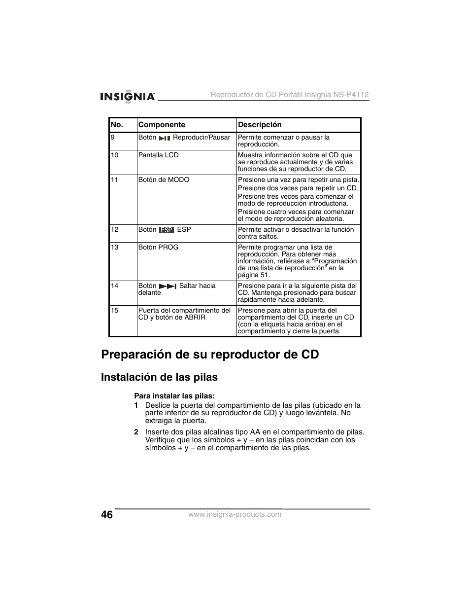 Preparación de su reproductor de cd, Instalación de las pilas | Insignia NS-P4112 User Manual | Page 46 / 62