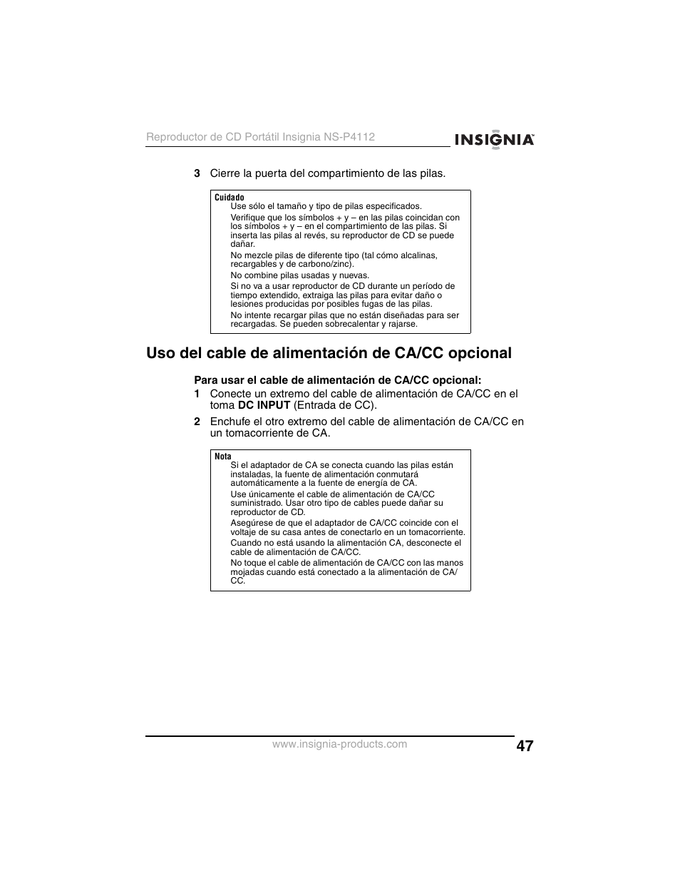 Uso del cable de alimentación de ca/cc opcional | Insignia NS-P4112 User Manual | Page 47 / 62