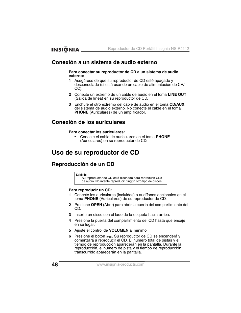 Uso de su reproductor de cd, Conexión a un sistema de audio externo, Conexión de los auriculares | Reproducción de un cd | Insignia NS-P4112 User Manual | Page 48 / 62