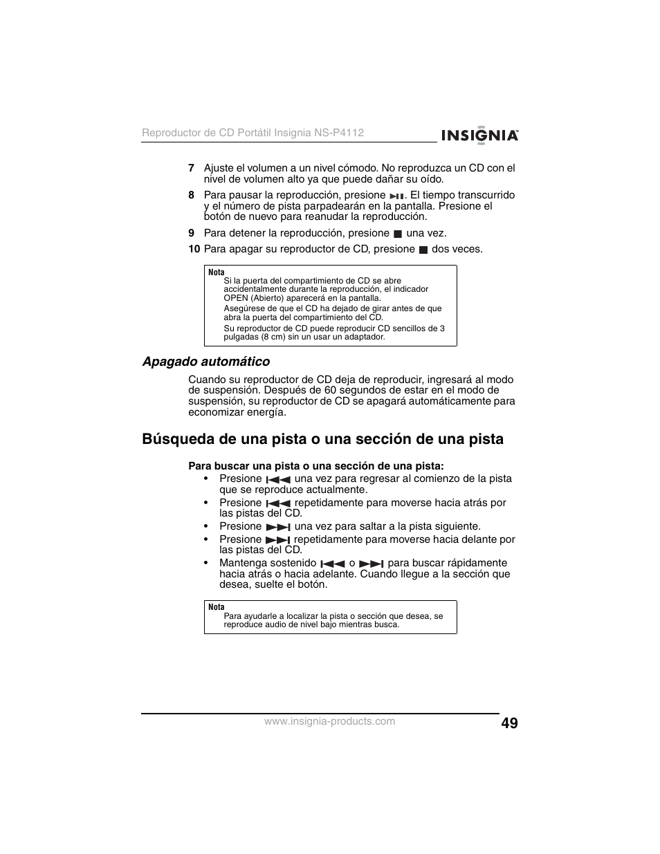 Búsqueda de una pista o una sección de una pista, Apagado automático | Insignia NS-P4112 User Manual | Page 49 / 62