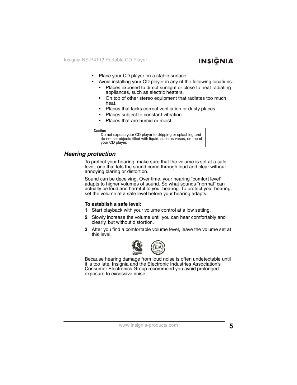 Hearing protection | Insignia NS-P4112 User Manual | Page 5 / 62