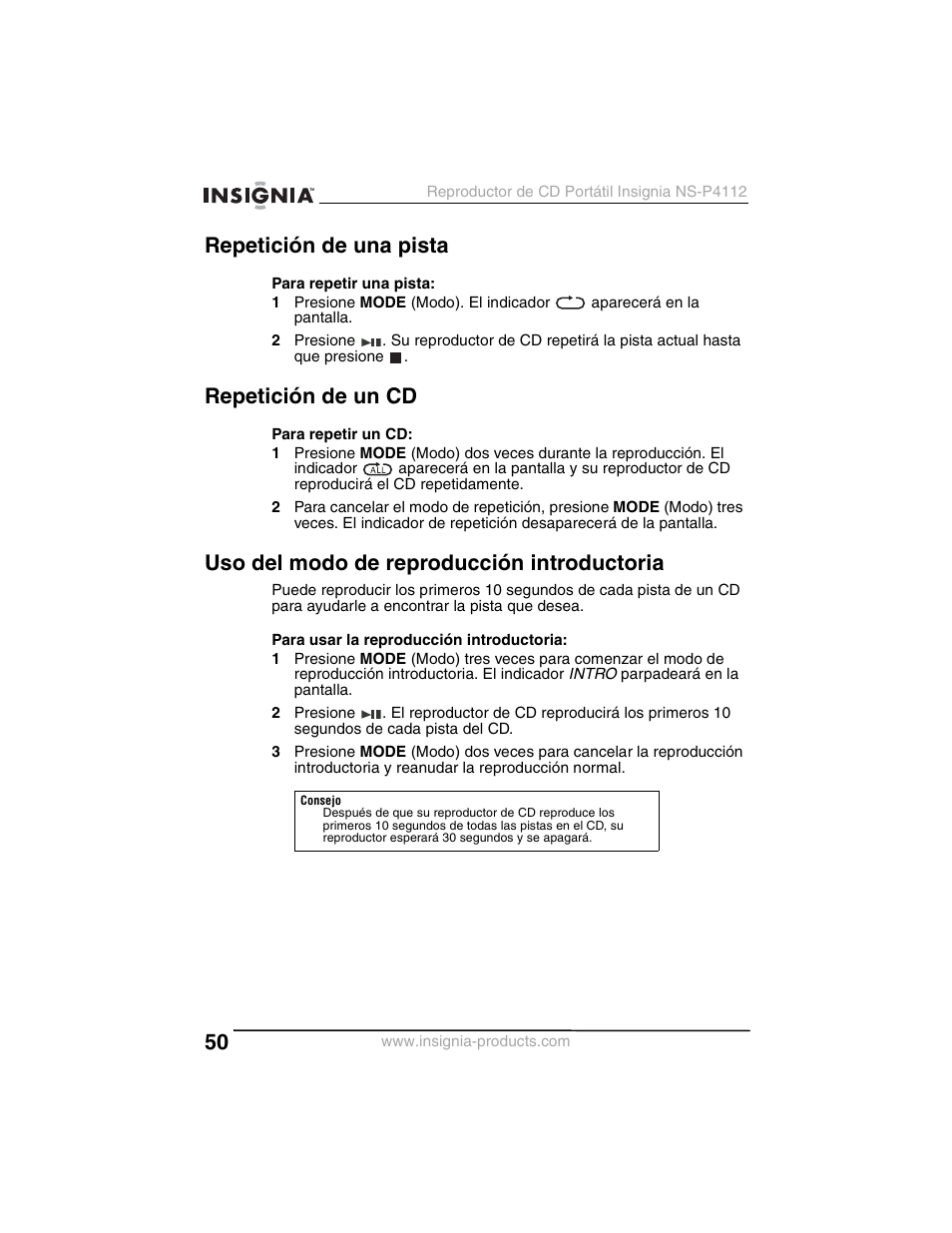 Repetición de una pista, Repetición de un cd, Uso del modo de reproducción introductoria | Insignia NS-P4112 User Manual | Page 50 / 62