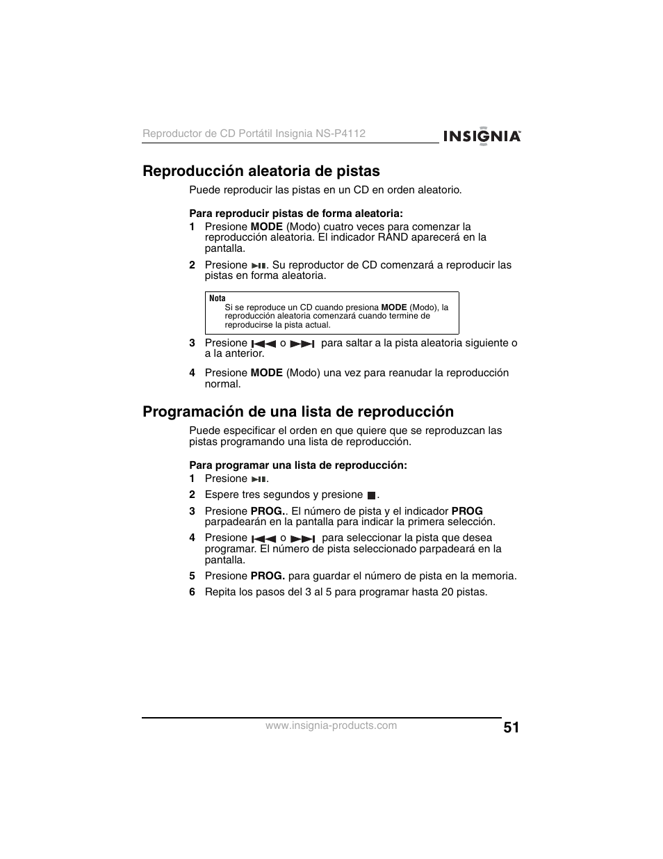 Reproducción aleatoria de pistas, Programación de una lista de reproducción | Insignia NS-P4112 User Manual | Page 51 / 62