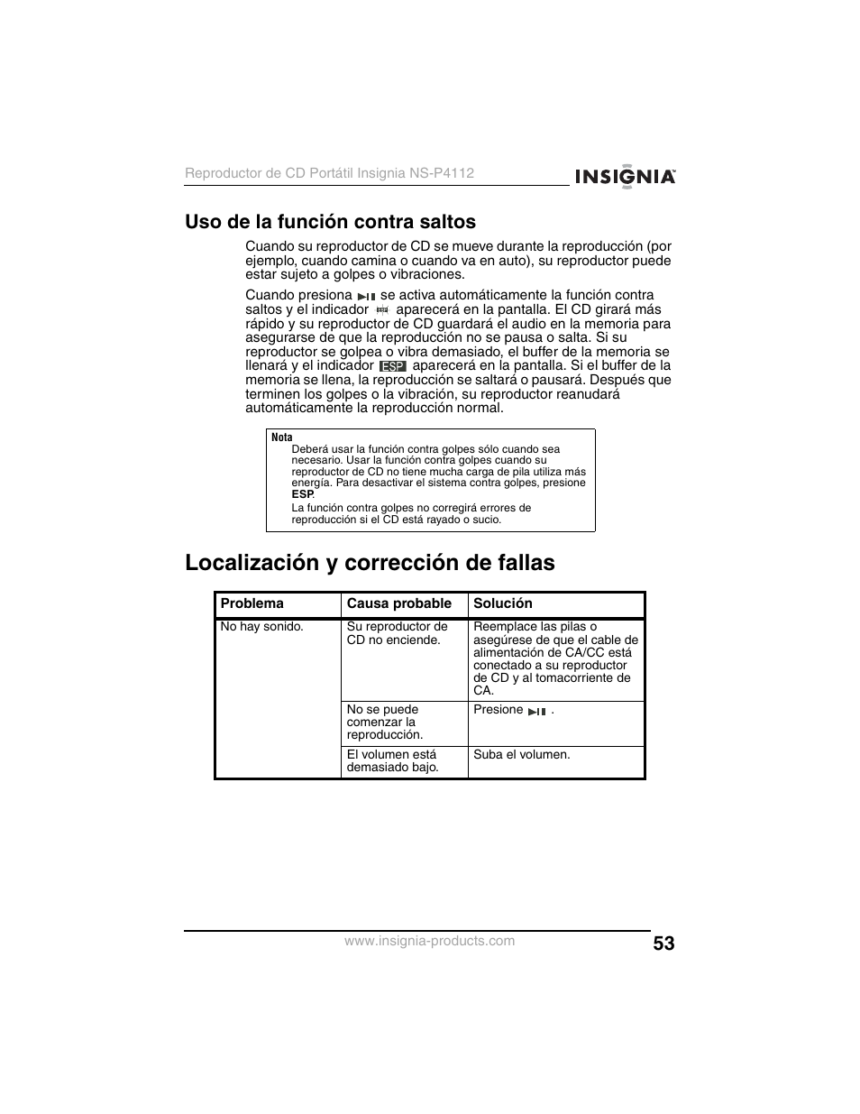 Localización y corrección de fallas, Uso de la función contra saltos | Insignia NS-P4112 User Manual | Page 53 / 62