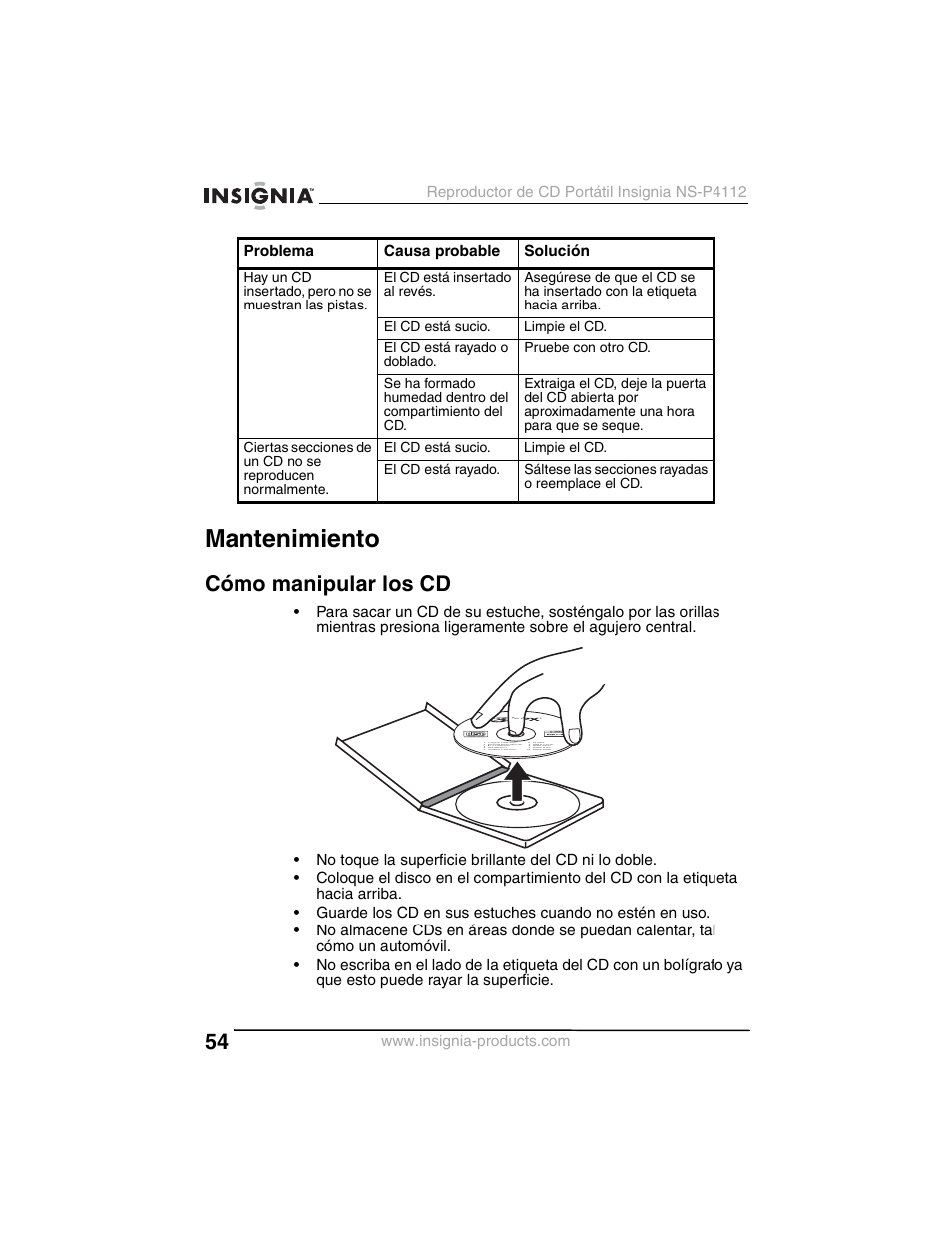 Mantenimiento, Cómo manipular los cd | Insignia NS-P4112 User Manual | Page 54 / 62