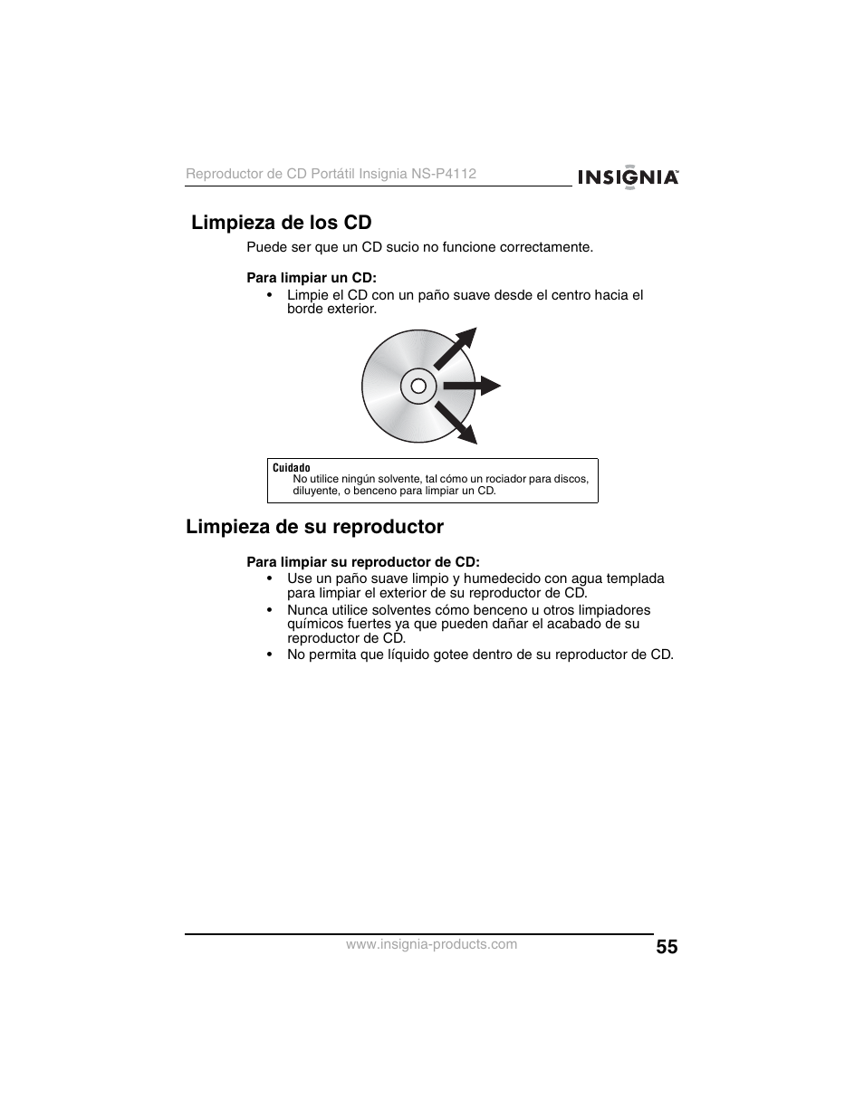 Limpieza de los cd, Limpieza de su reproductor | Insignia NS-P4112 User Manual | Page 55 / 62