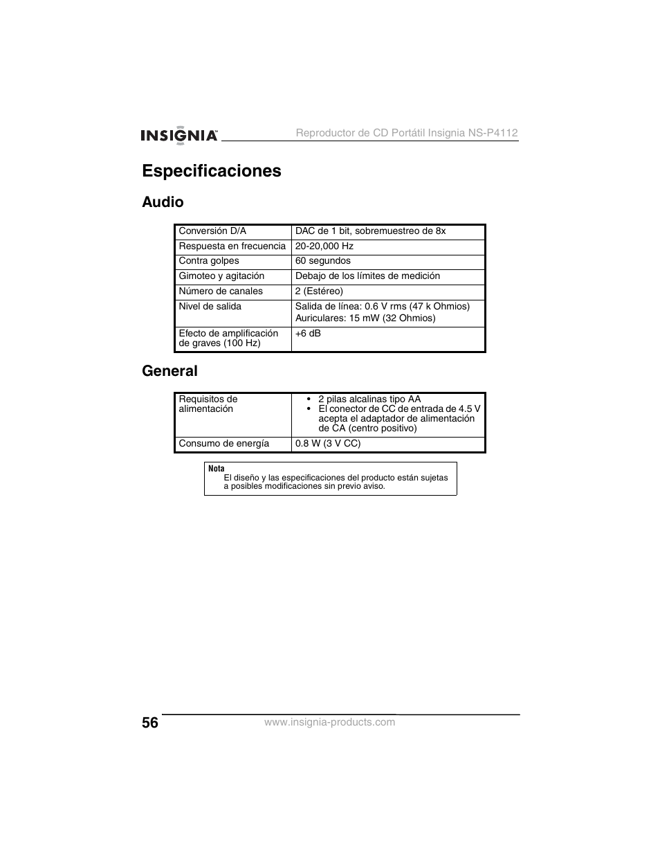 Especificaciones, Audio general | Insignia NS-P4112 User Manual | Page 56 / 62