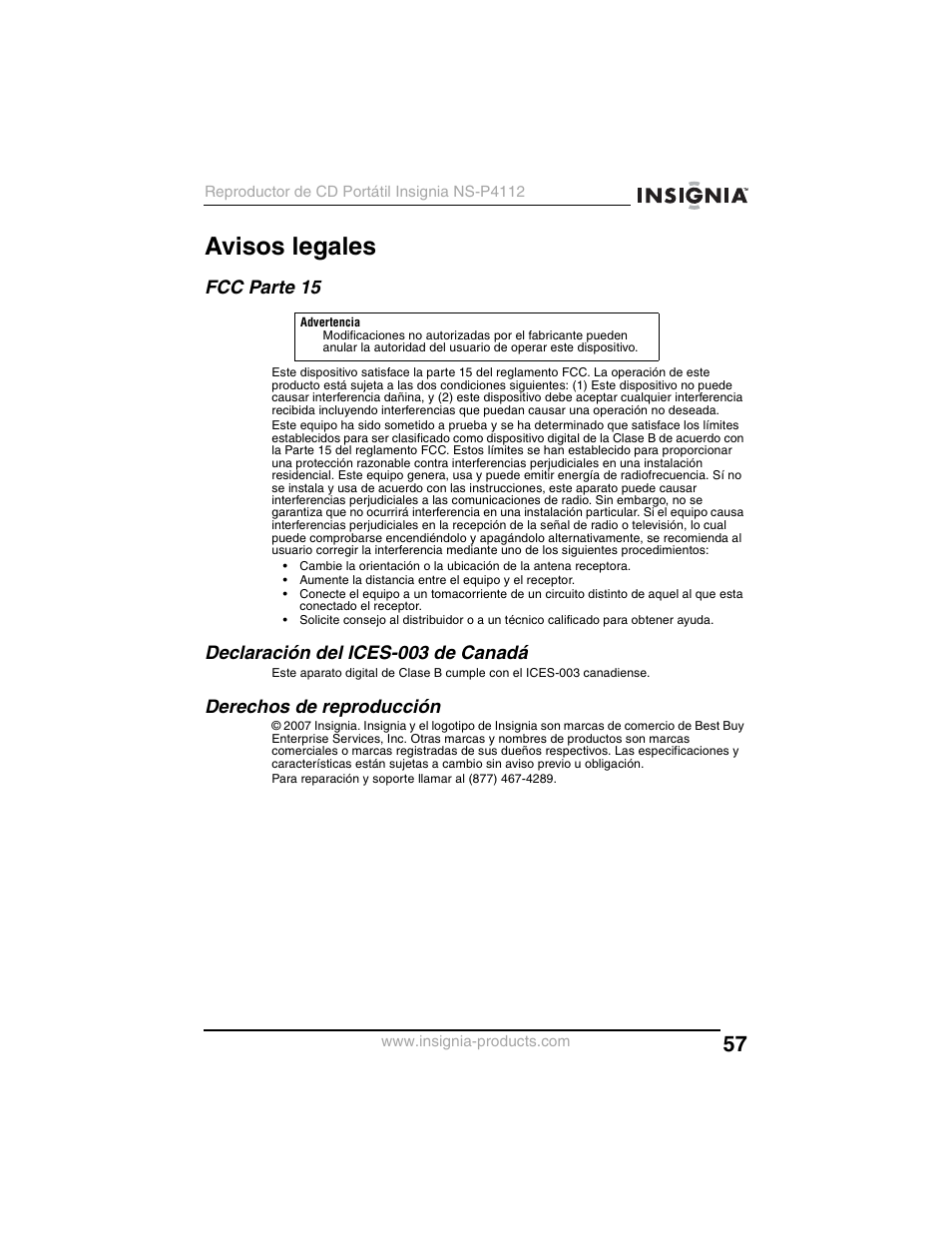 Avisos legales, Fcc parte 15, Declaración del ices-003 de canadá | Derechos de reproducción | Insignia NS-P4112 User Manual | Page 57 / 62