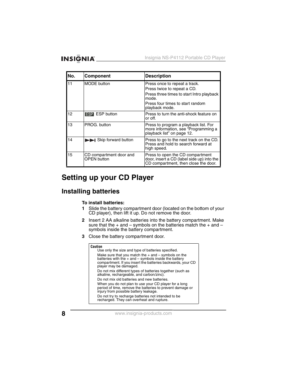 Setting up your cd player, Installing batteries | Insignia NS-P4112 User Manual | Page 8 / 62