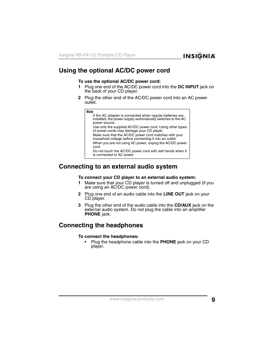 Using the optional ac/dc power cord, Connecting to an external audio system, Connecting the headphones | Insignia NS-P4112 User Manual | Page 9 / 62