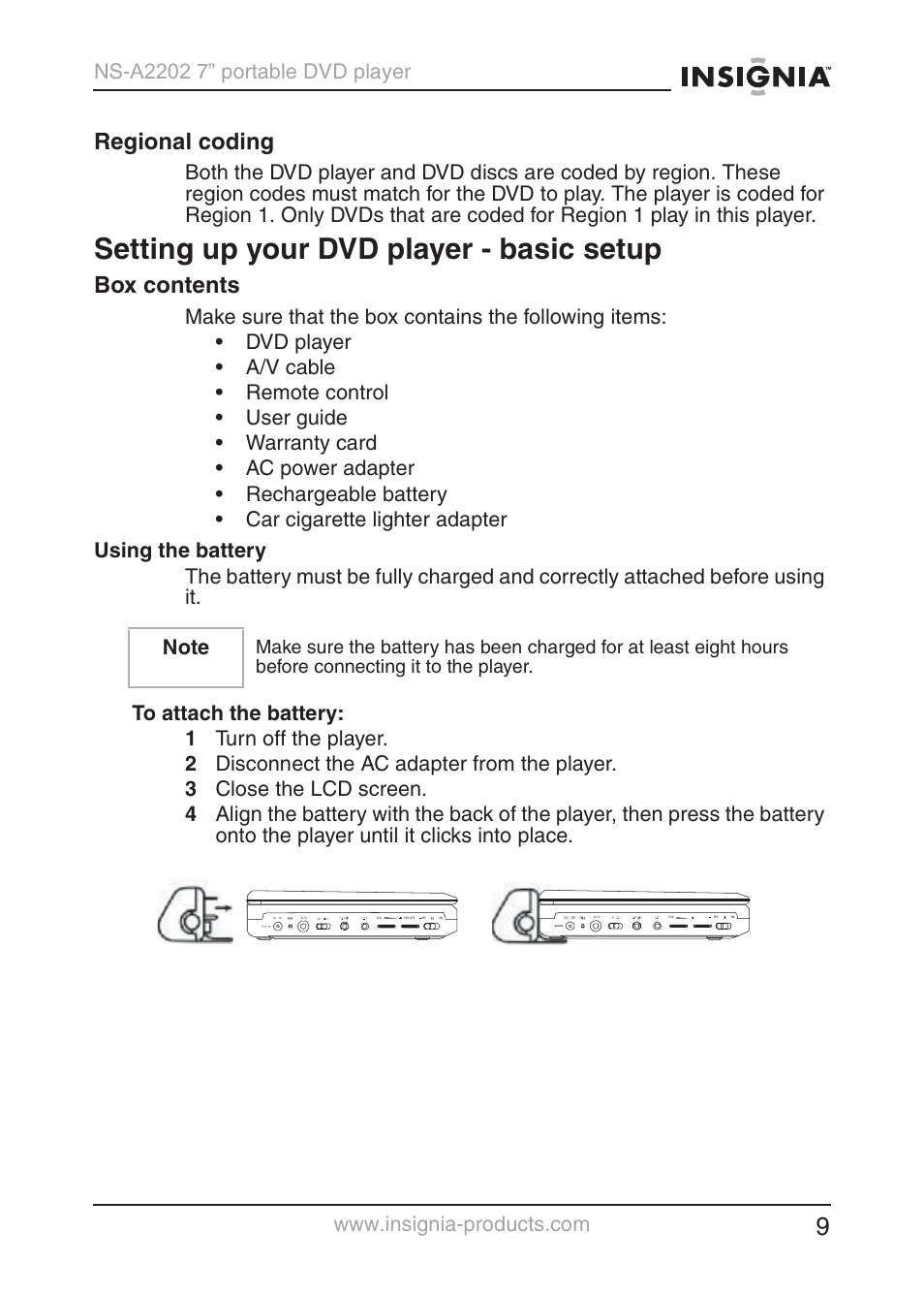 Setting up your dvd player - basic setup, Regional coding, Box contents | Insignia NS-A2202 User Manual | Page 10 / 102