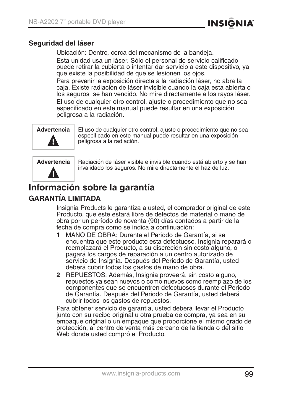 Información sobre la garantía | Insignia NS-A2202 User Manual | Page 100 / 102