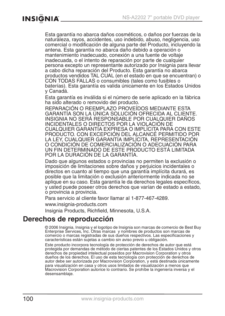 Derechos de reproducción | Insignia NS-A2202 User Manual | Page 101 / 102