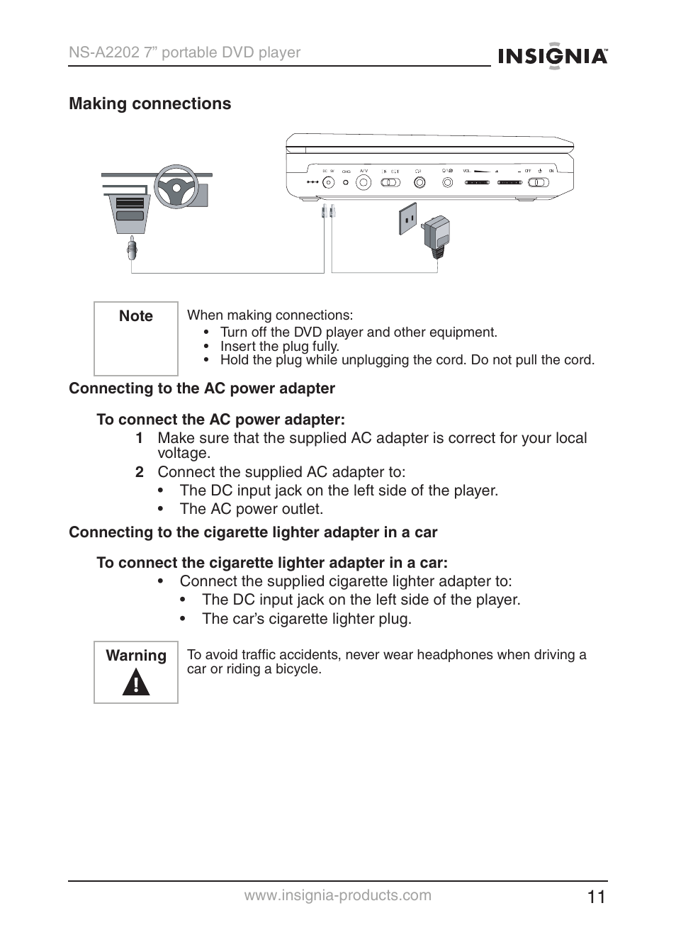 Making connections, Warning | Insignia NS-A2202 User Manual | Page 12 / 102