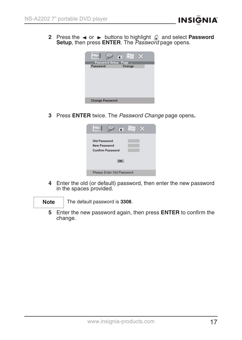 Password, Password change | Insignia NS-A2202 User Manual | Page 18 / 102