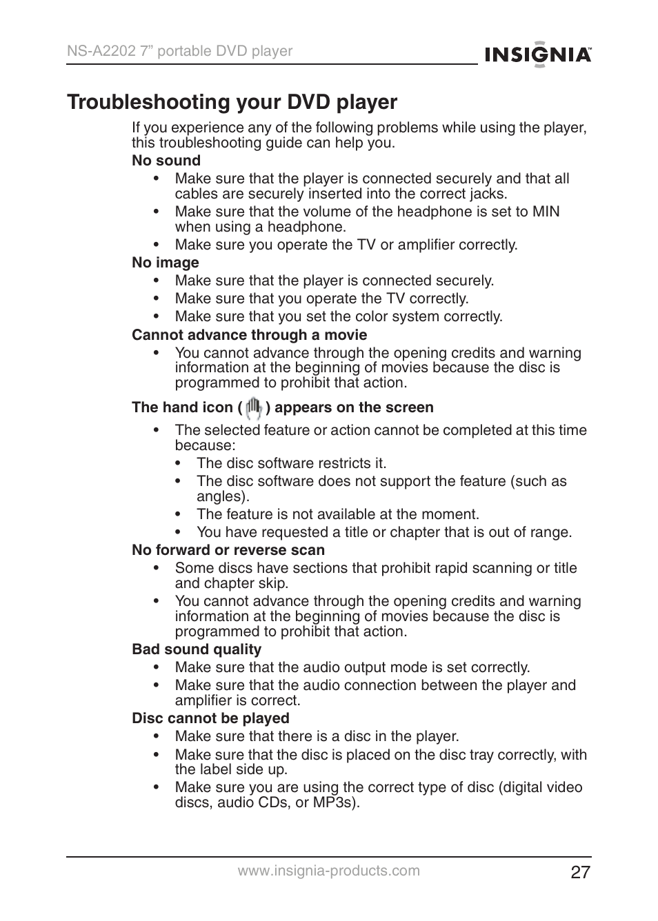 Troubleshooting your dvd player | Insignia NS-A2202 User Manual | Page 28 / 102