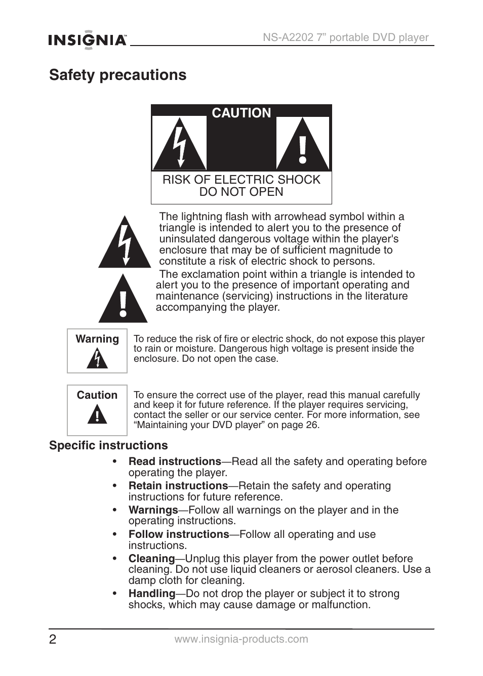 Safety precautions, Caution | Insignia NS-A2202 User Manual | Page 3 / 102