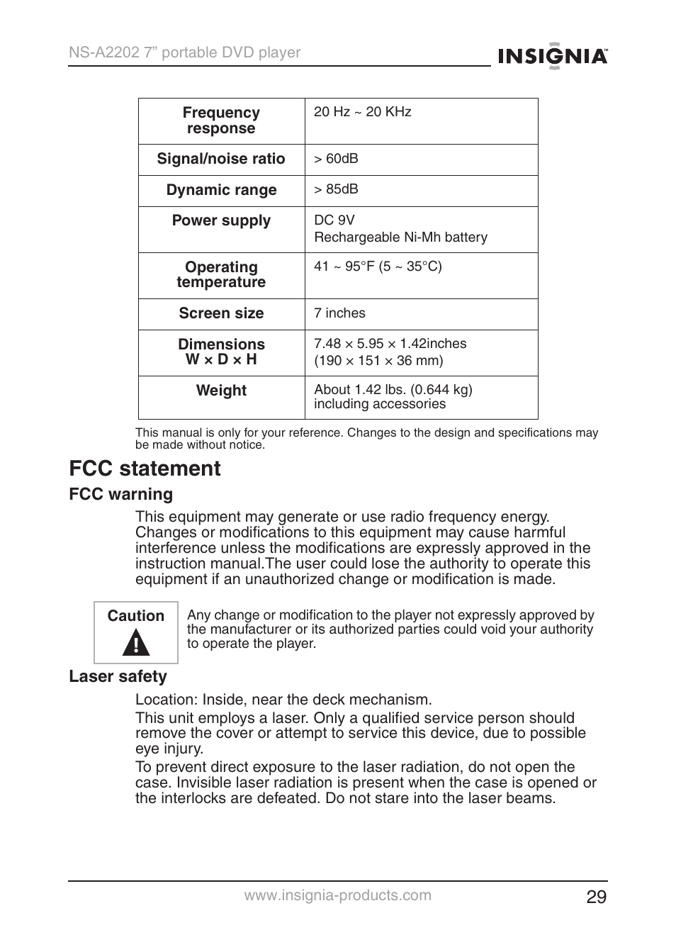 Fcc statement | Insignia NS-A2202 User Manual | Page 30 / 102