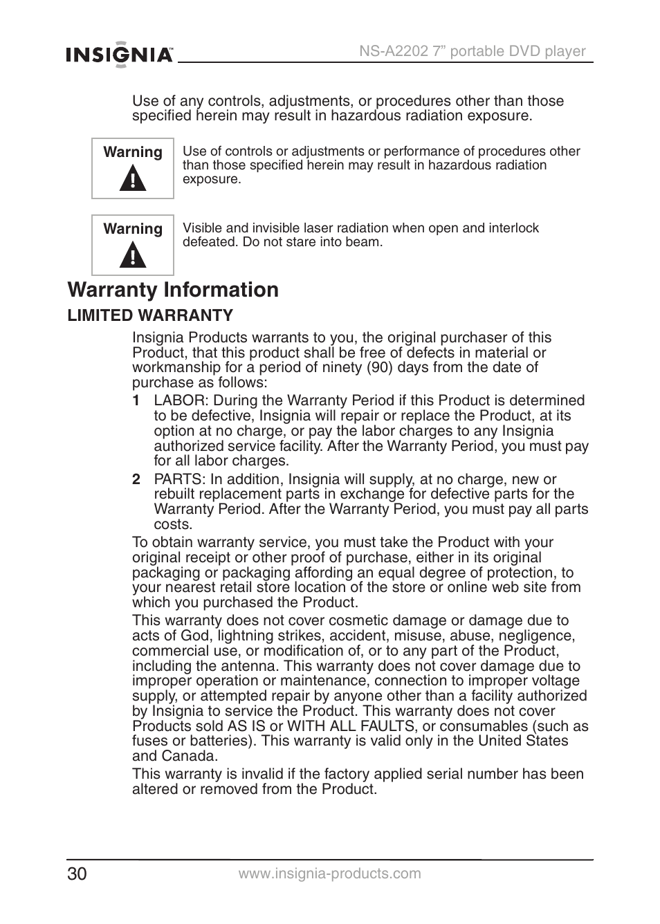Warranty information | Insignia NS-A2202 User Manual | Page 31 / 102