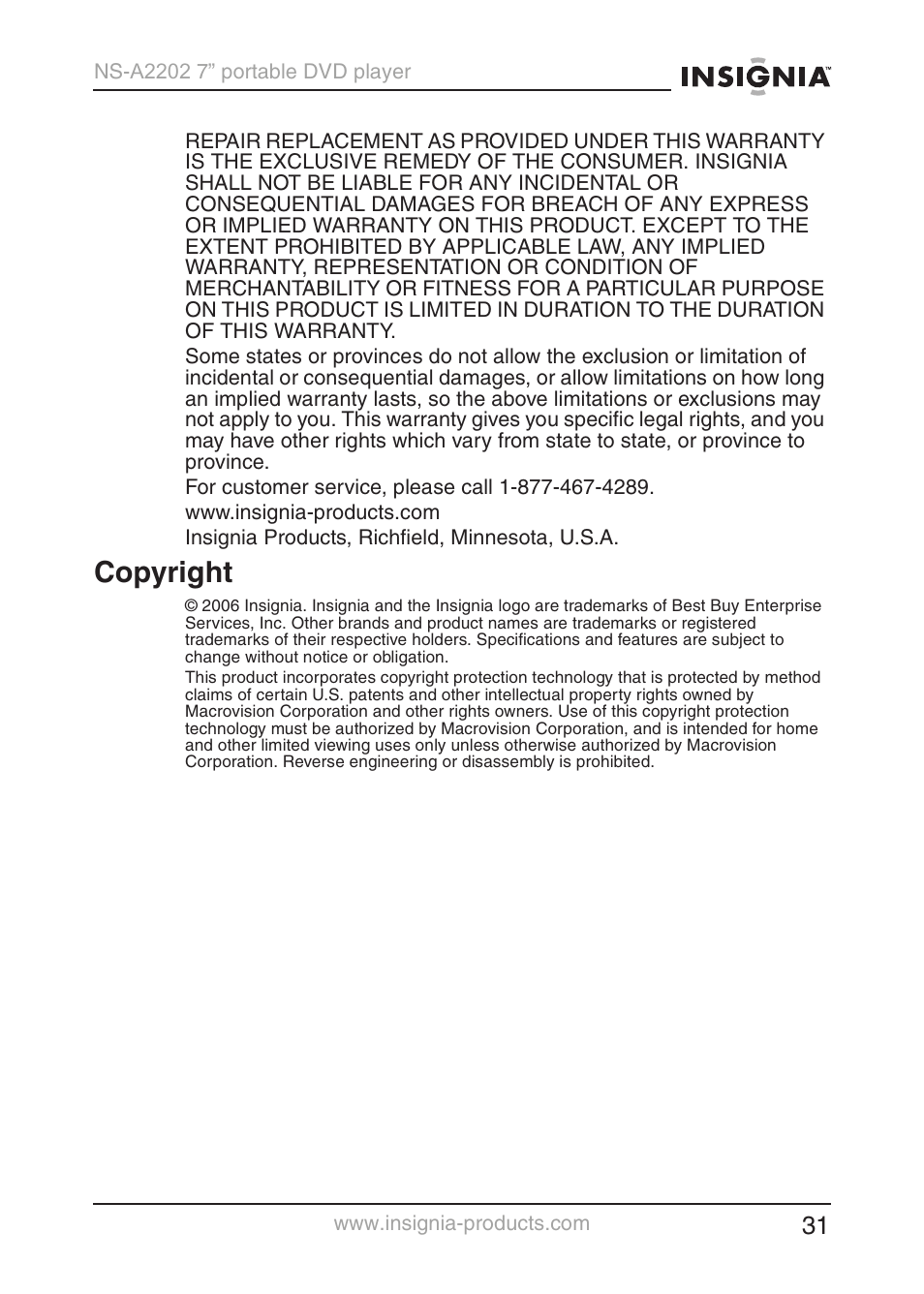 Copyright | Insignia NS-A2202 User Manual | Page 32 / 102