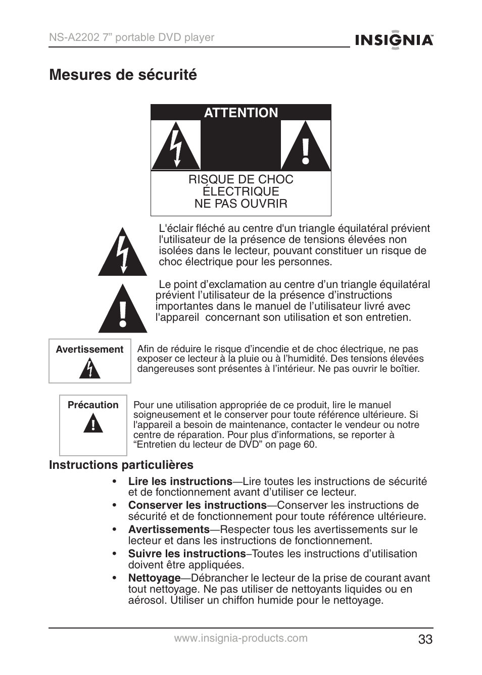 Mesures de sécurité, Attention | Insignia NS-A2202 User Manual | Page 34 / 102