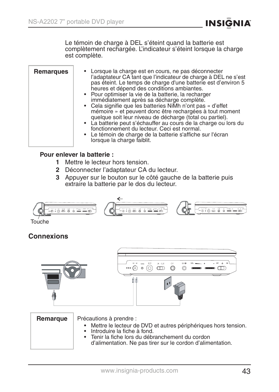 Connexions, Remarques, Remarque | Touche | Insignia NS-A2202 User Manual | Page 44 / 102