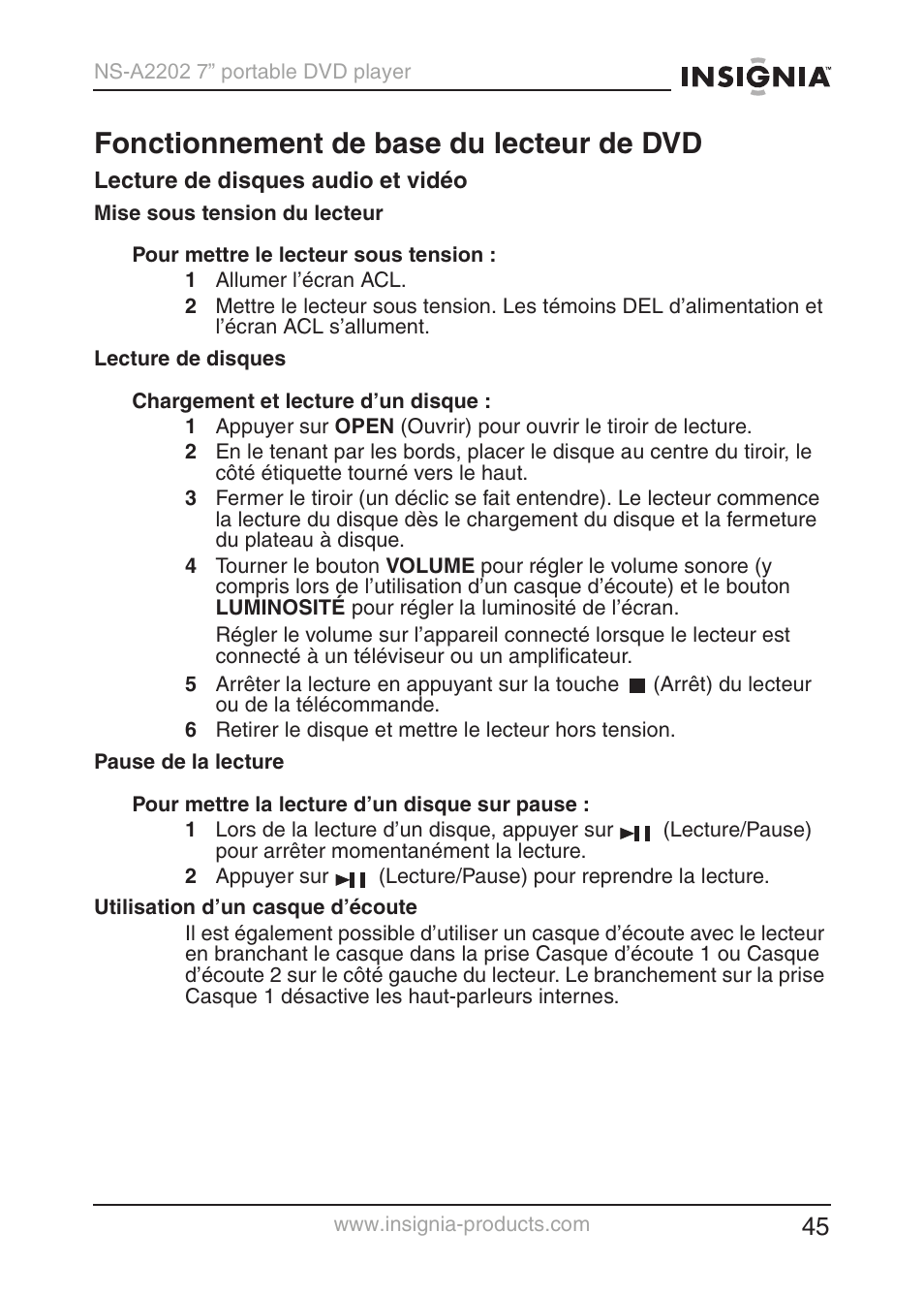 Fonctionnement de base du lecteur de dvd | Insignia NS-A2202 User Manual | Page 46 / 102