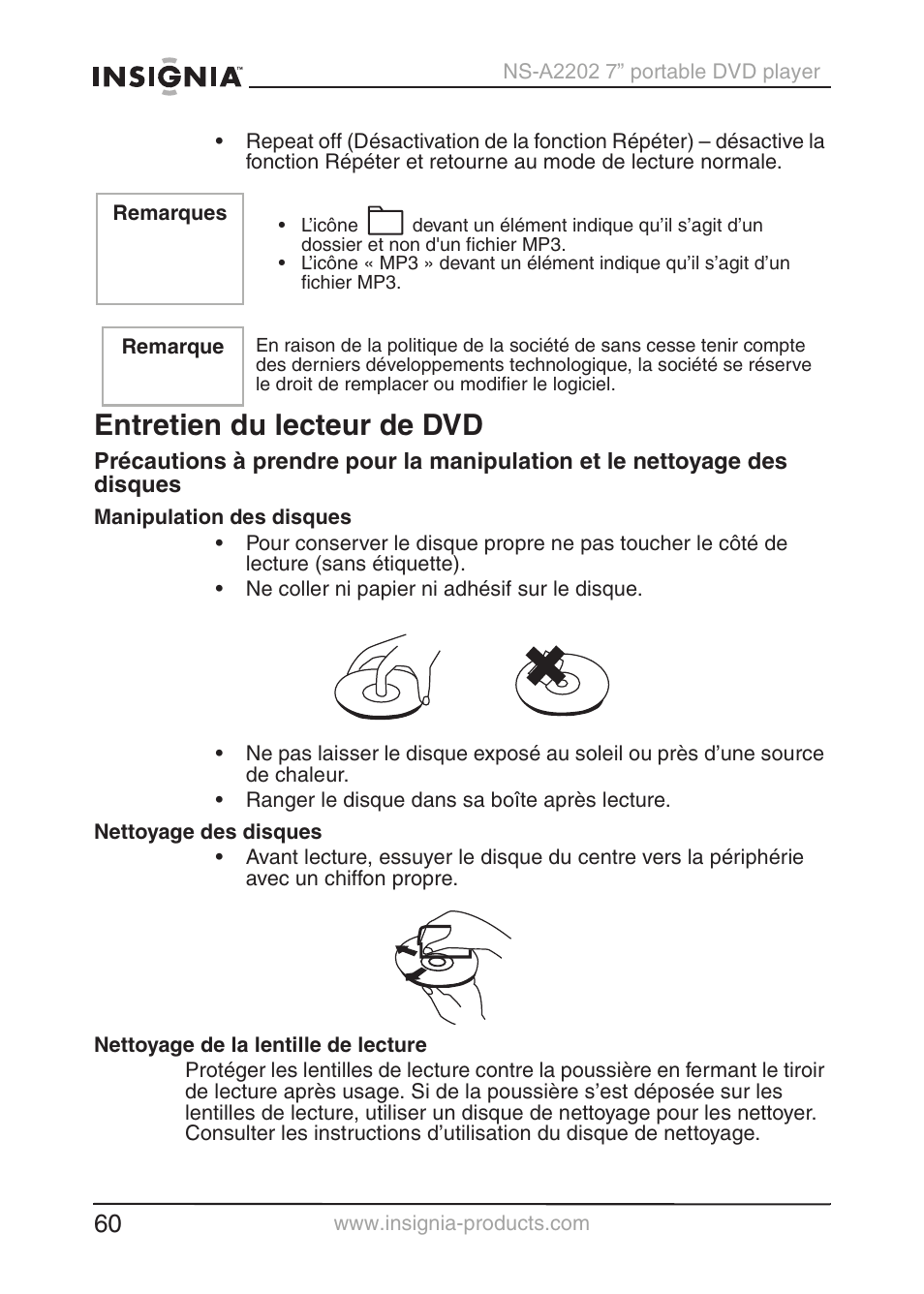 Entretien du lecteur de dvd | Insignia NS-A2202 User Manual | Page 61 / 102