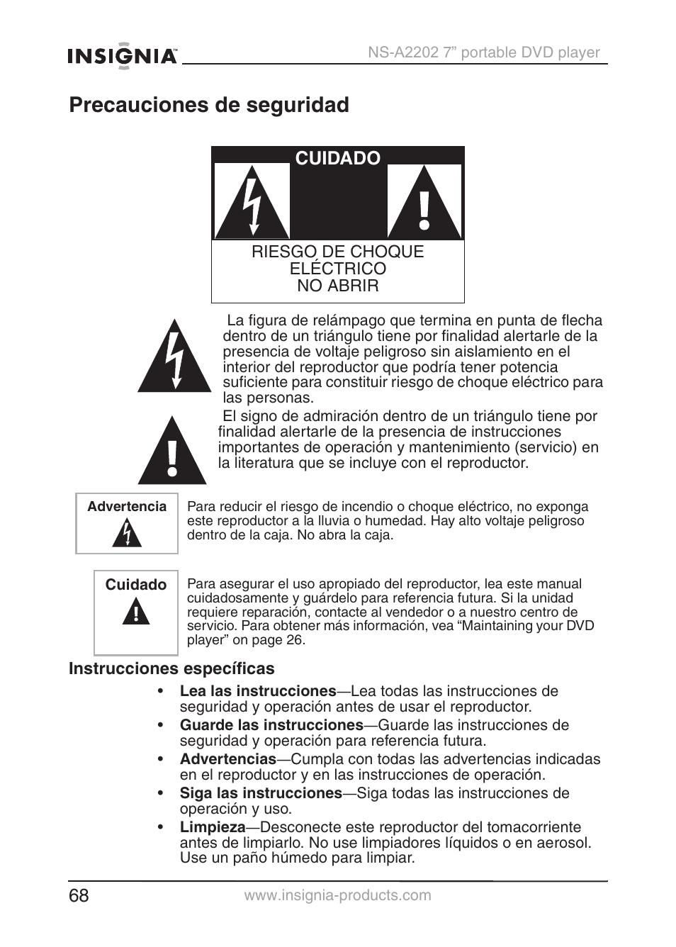 Precauciones de seguridad, Cuidado | Insignia NS-A2202 User Manual | Page 69 / 102