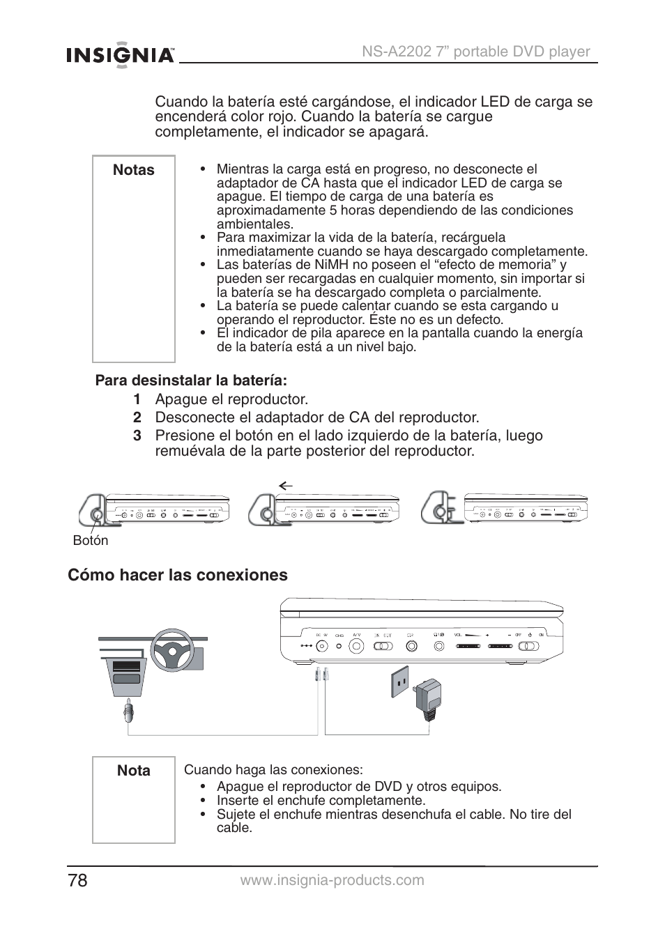 Cómo hacer las conexiones, Notas, Nota | Botón | Insignia NS-A2202 User Manual | Page 79 / 102