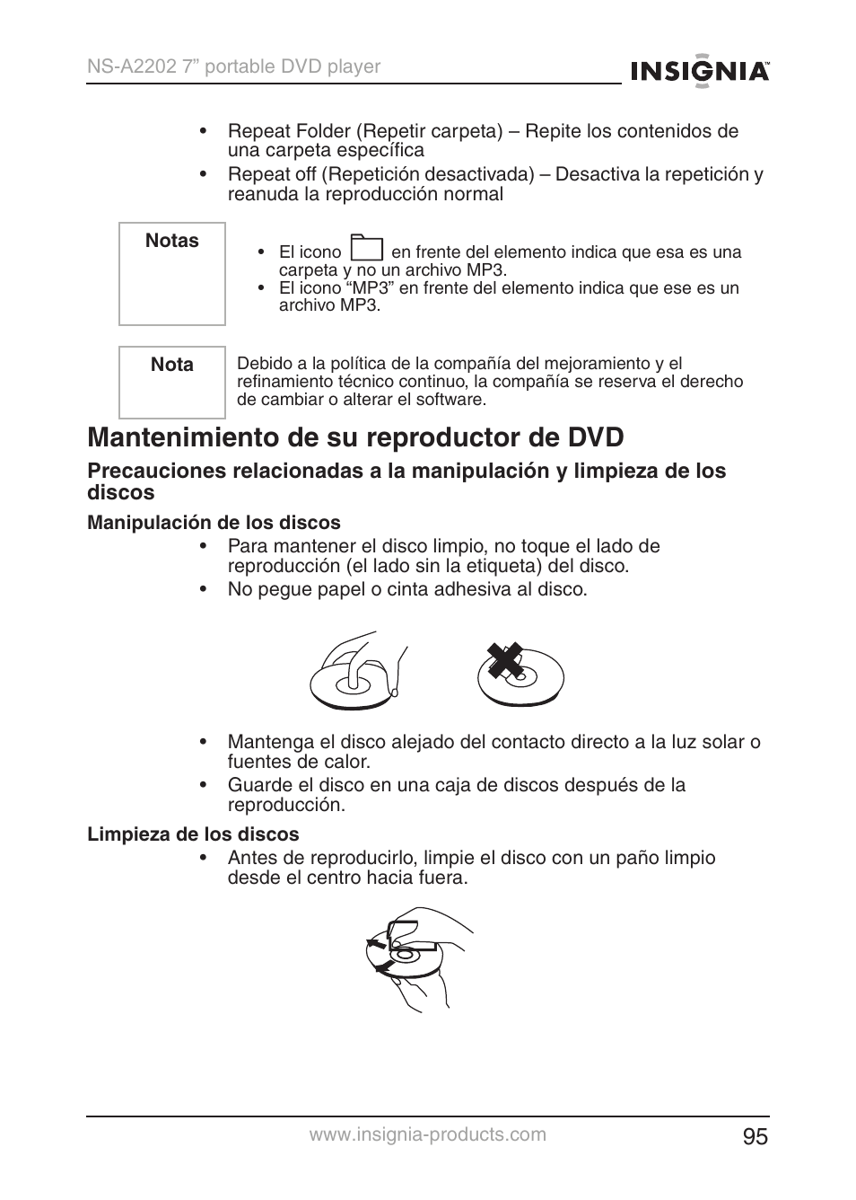 Mantenimiento de su reproductor de dvd | Insignia NS-A2202 User Manual | Page 96 / 102