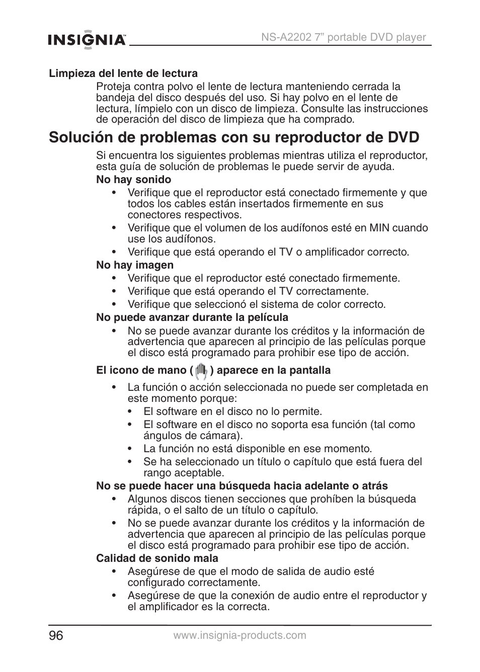 Solución de problemas con su reproductor de dvd | Insignia NS-A2202 User Manual | Page 97 / 102