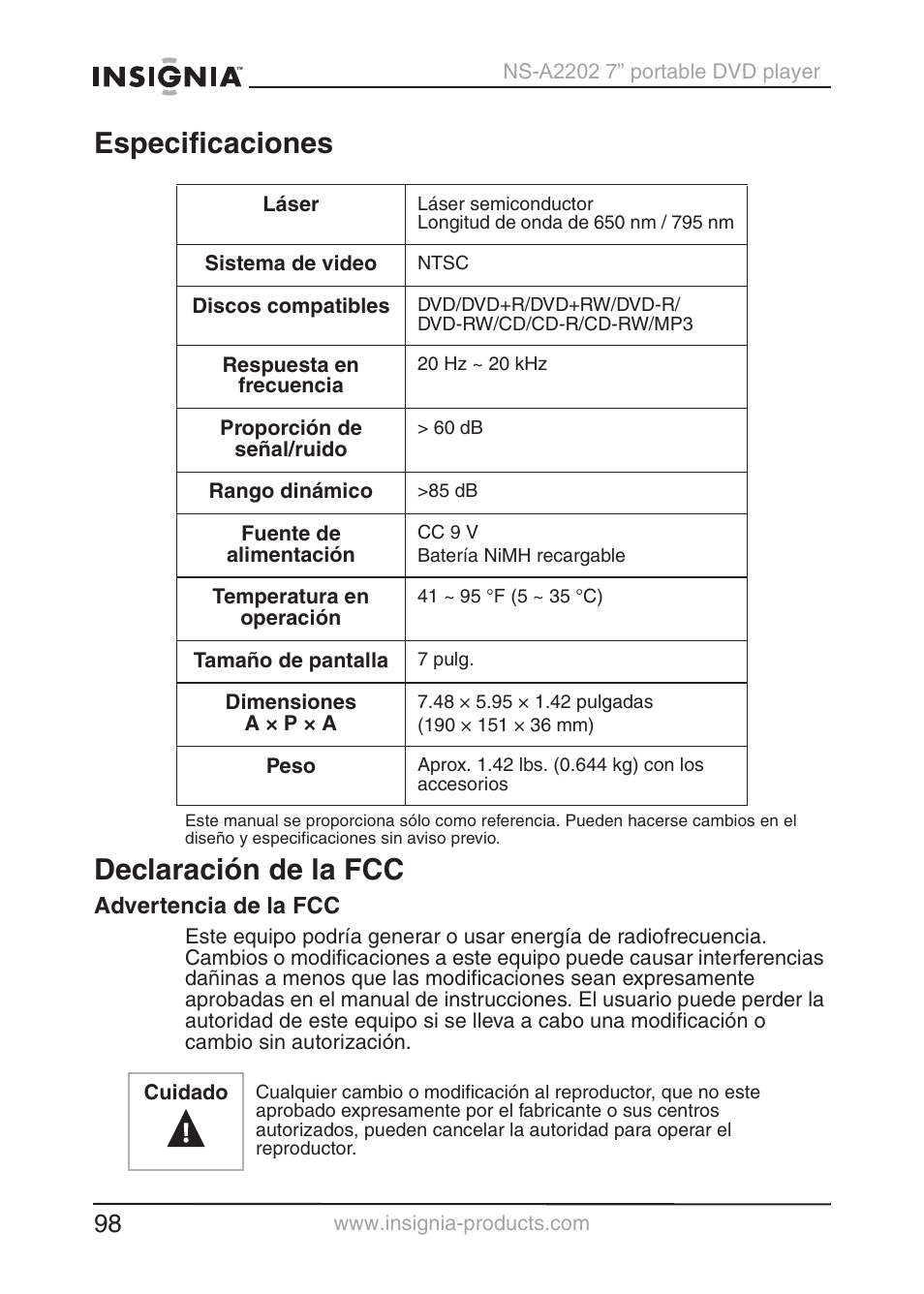Especificaciones, Declaración de la fcc | Insignia NS-A2202 User Manual | Page 99 / 102