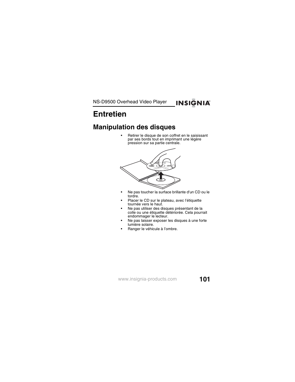 Entretien, Manipulation des disques | Insignia NS-D9500 User Manual | Page 103 / 168