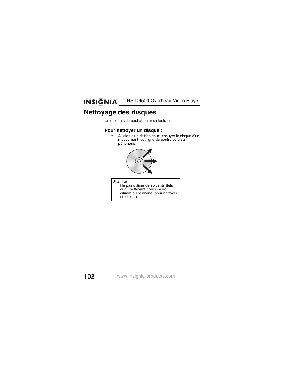 Nettoyage des disques | Insignia NS-D9500 User Manual | Page 104 / 168